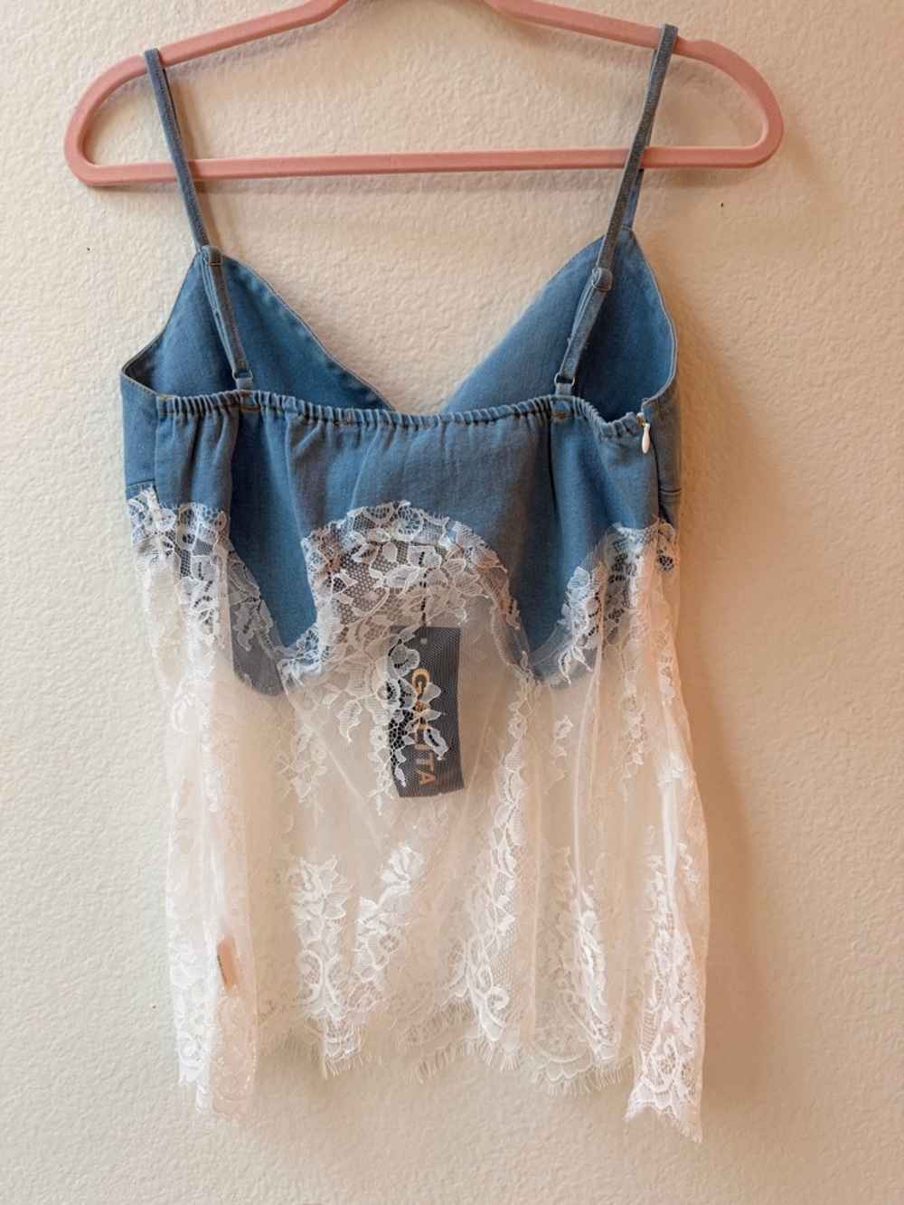 Y2K Fairycore Denim Lace Cami Top ‎ Blue White Corset Festival Boho Sheer S - Picture 2 of 13